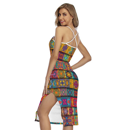 Rectangle Mandala Bohemian Pattern Print Cross Back Cami Dress