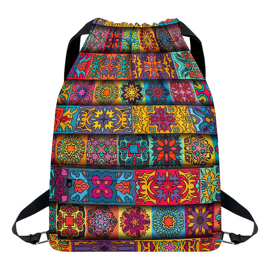 Rectangle Mandala Bohemian Pattern Print Drawstring Backpack