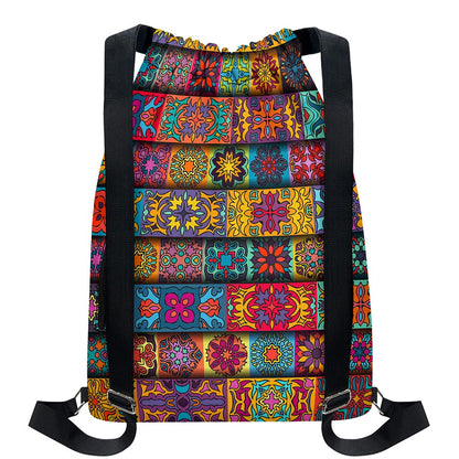 Rectangle Mandala Bohemian Pattern Print Drawstring Backpack