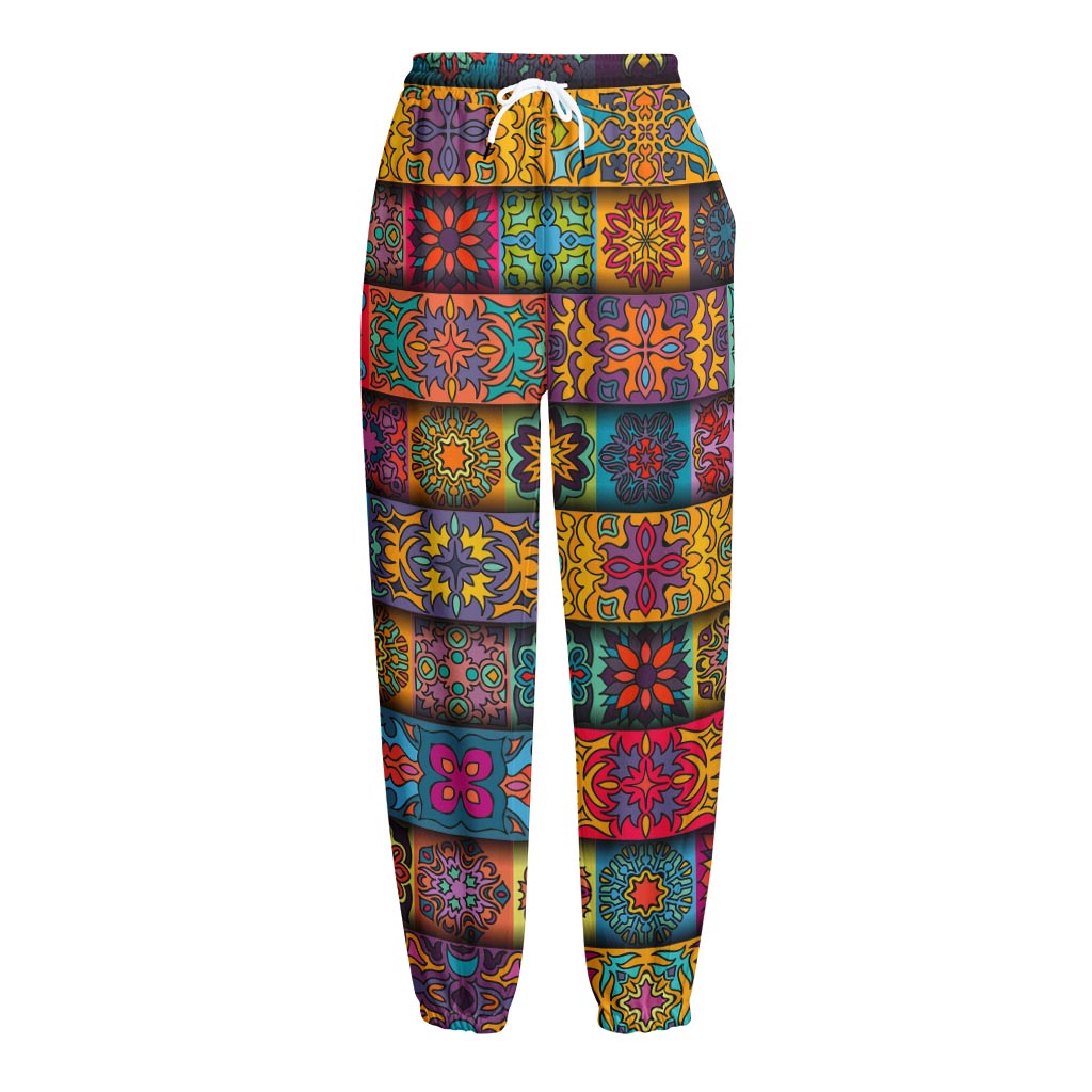 Rectangle Mandala Bohemian Pattern Print Fleece Lined Knit Pants