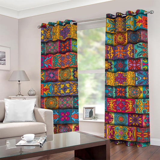 Rectangle Mandala Bohemian Pattern Print Grommet Curtains