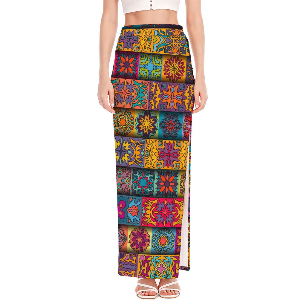Rectangle Mandala Bohemian Pattern Print High Slit Maxi Skirt