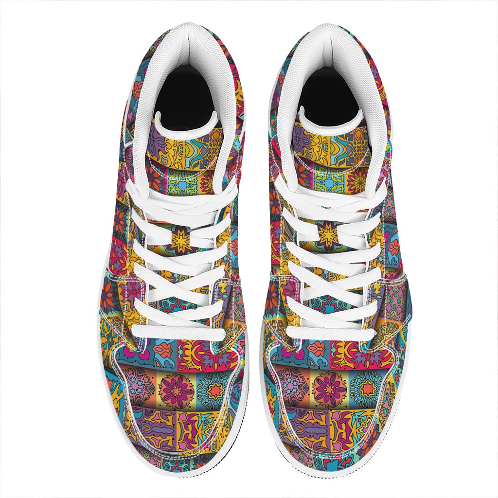Rectangle Mandala Bohemian Pattern Print High Top Leather Sneakers