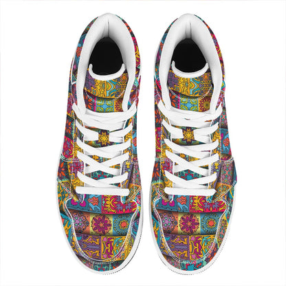 Rectangle Mandala Bohemian Pattern Print High Top Leather Sneakers