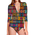Rectangle Mandala Bohemian Pattern Print Long Sleeve Swimsuit