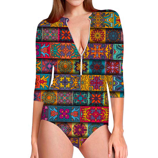 Rectangle Mandala Bohemian Pattern Print Long Sleeve Swimsuit