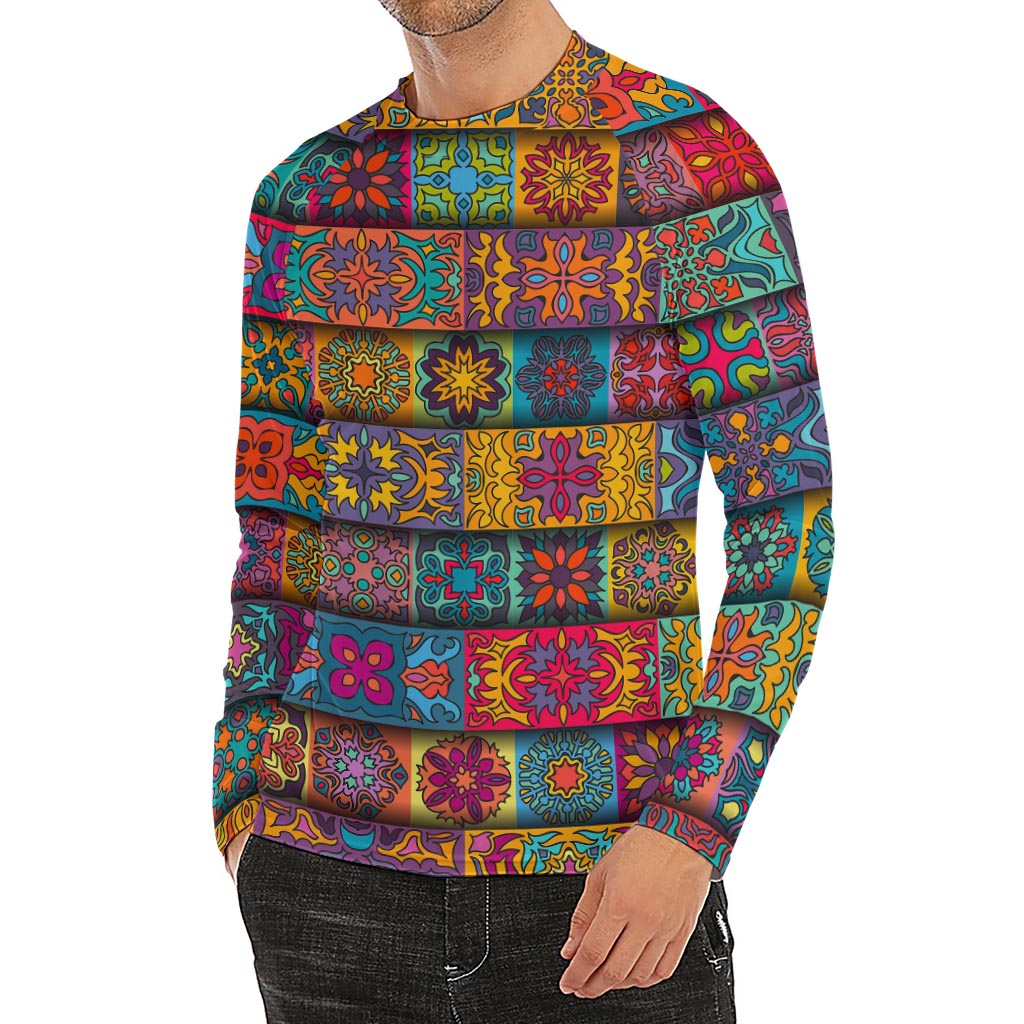 Rectangle Mandala Bohemian Pattern Print Men's Long Sleeve Rash Guard