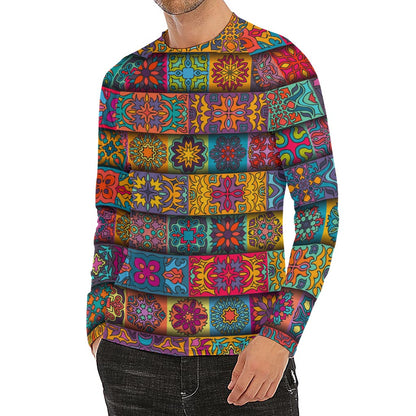 Rectangle Mandala Bohemian Pattern Print Men's Long Sleeve Rash Guard