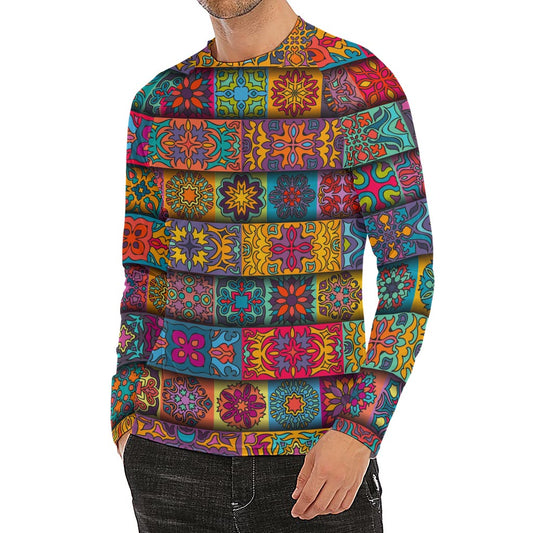 Rectangle Mandala Bohemian Pattern Print Men's Long Sleeve Rash Guard
