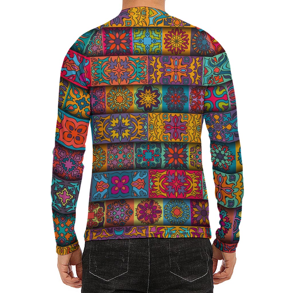 Rectangle Mandala Bohemian Pattern Print Men's Long Sleeve Rash Guard
