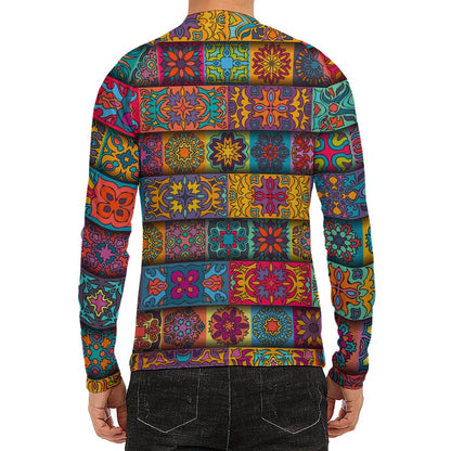 Rectangle Mandala Bohemian Pattern Print Men's Long Sleeve Rash Guard