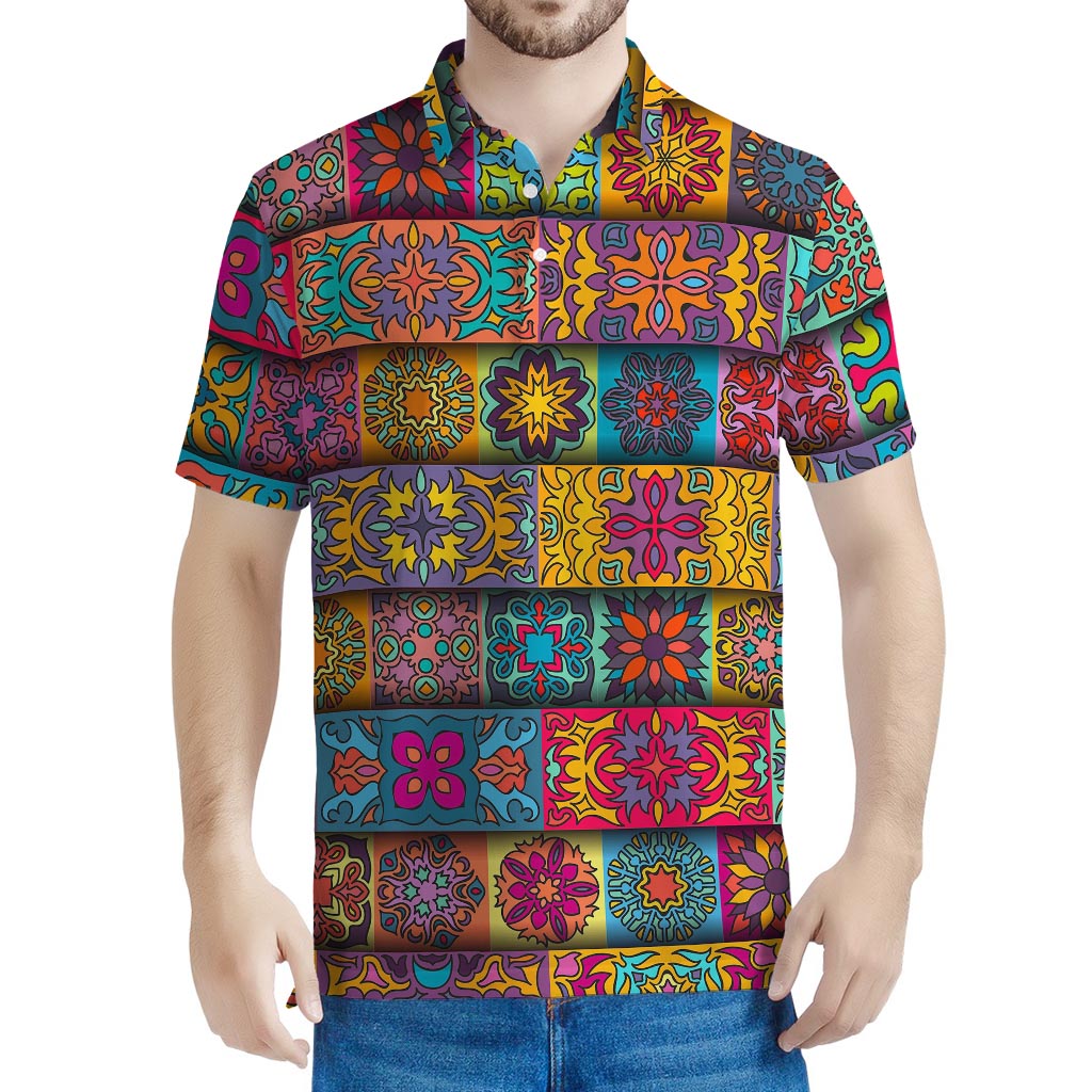 Rectangle Mandala Bohemian Pattern Print Men's Polo Shirt