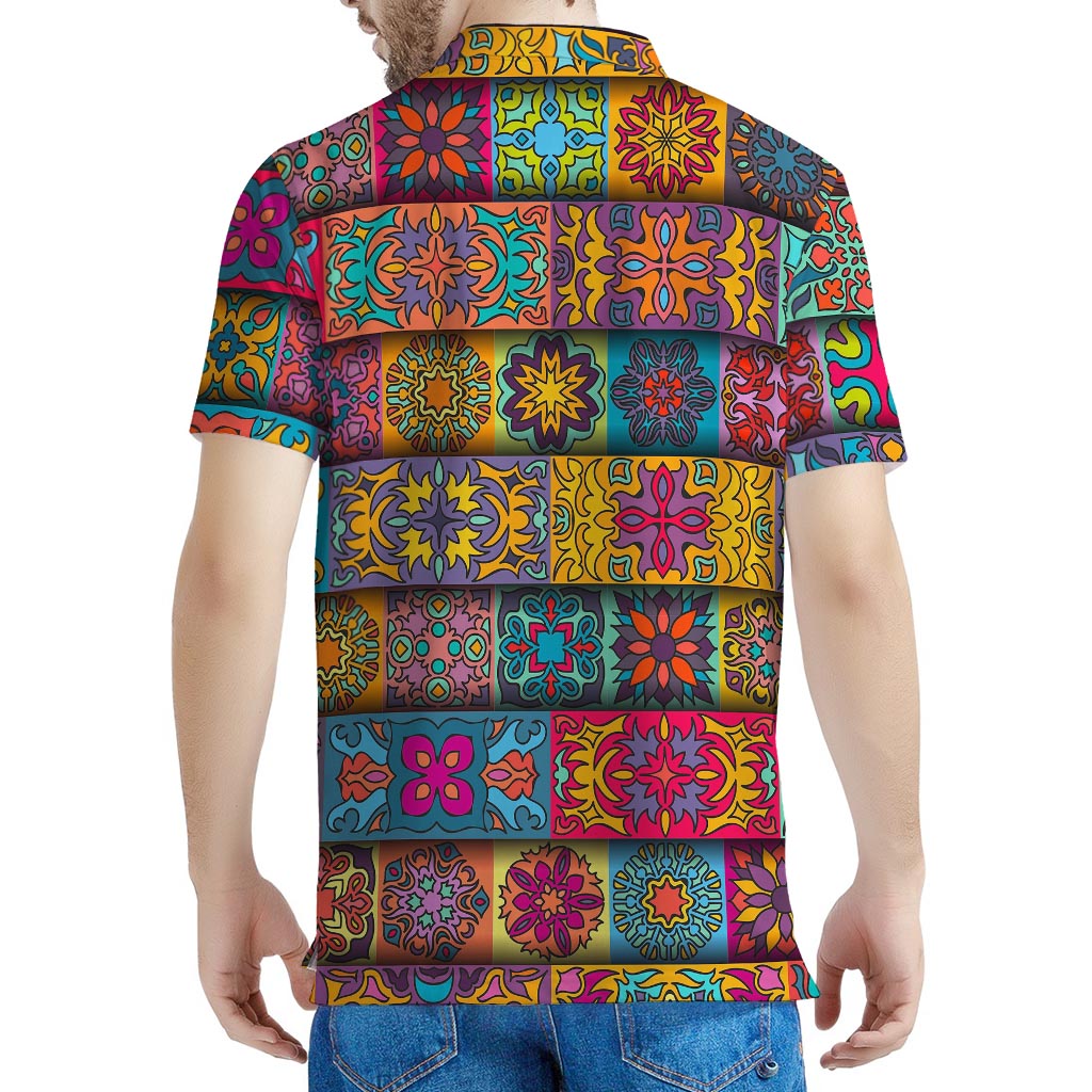 Rectangle Mandala Bohemian Pattern Print Men's Polo Shirt