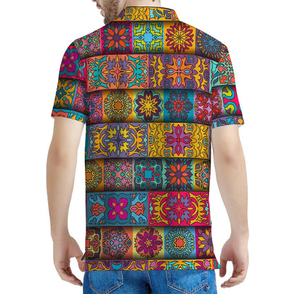 Rectangle Mandala Bohemian Pattern Print Men's Polo Shirt