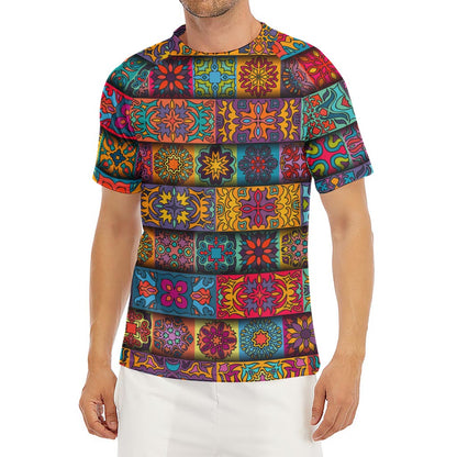 Rectangle Mandala Bohemian Pattern Print Men's Short Sleeve Rash Guard