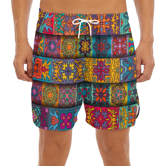 Rectangle Mandala Bohemian Pattern Print Men's Split Running Shorts