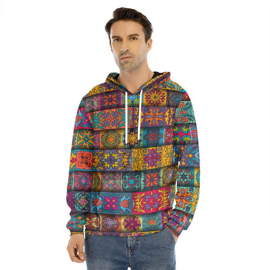Rectangle Mandala Bohemian Pattern Print Men's Velvet Pullover Hoodie
