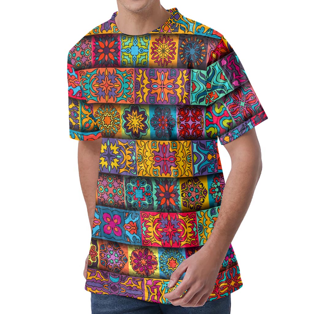 Rectangle Mandala Bohemian Pattern Print Men's Velvet T-Shirt
