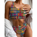 Rectangle Mandala Bohemian Pattern Print One Shoulder Bikini Set