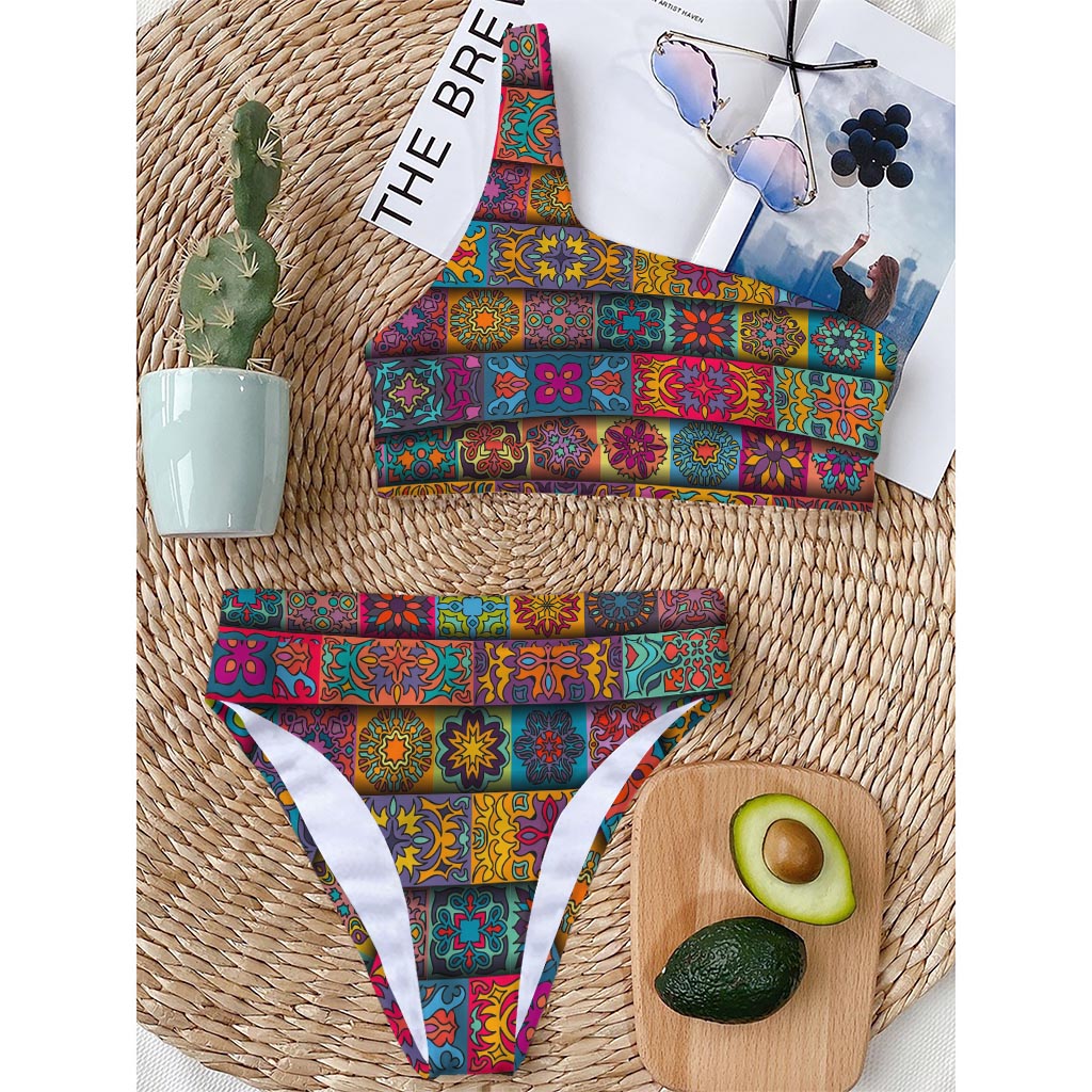 Rectangle Mandala Bohemian Pattern Print One Shoulder Bikini Top