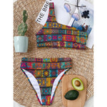 Rectangle Mandala Bohemian Pattern Print One Shoulder Bikini Top