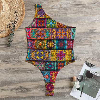 Rectangle Mandala Bohemian Pattern Print One Shoulder Bodysuit