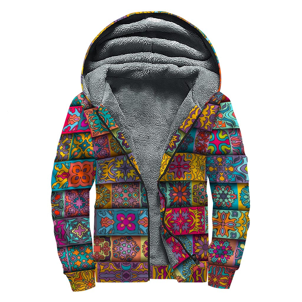 Rectangle Mandala Bohemian Pattern Print Sherpa Lined Zip Up Hoodie