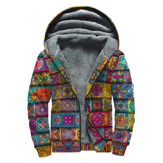 Rectangle Mandala Bohemian Pattern Print Sherpa Lined Zip Up Hoodie