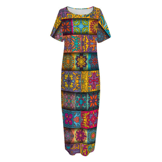 Rectangle Mandala Bohemian Pattern Print Short Sleeve Long Nightdress