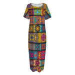 Rectangle Mandala Bohemian Pattern Print Short Sleeve Long Nightdress