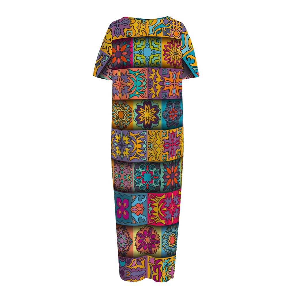 Rectangle Mandala Bohemian Pattern Print Short Sleeve Long Nightdress