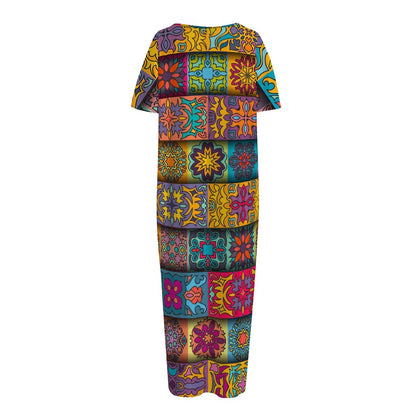 Rectangle Mandala Bohemian Pattern Print Short Sleeve Long Nightdress