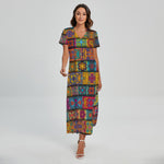 Rectangle Mandala Bohemian Pattern Print Short Sleeve Maxi Dress