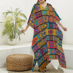 Rectangle Mandala Bohemian Pattern Print Silk V-Neck Kaftan Dress