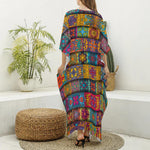 Rectangle Mandala Bohemian Pattern Print Silk V-Neck Kaftan Dress
