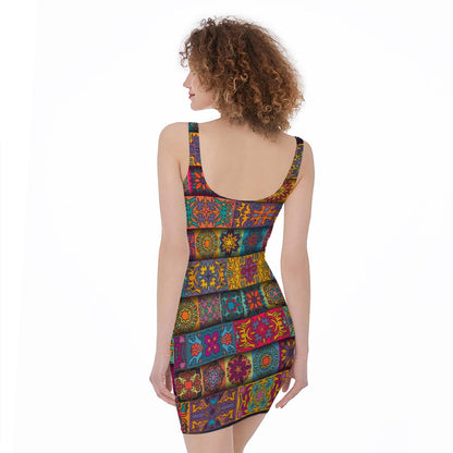 Rectangle Mandala Bohemian Pattern Print Sleeveless Bodycon Dress
