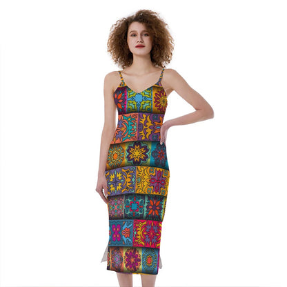Rectangle Mandala Bohemian Pattern Print Slim Fit Midi Cami Dress