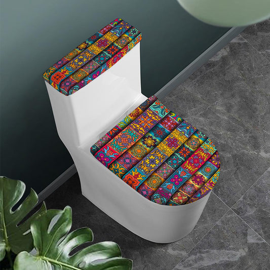 Rectangle Mandala Bohemian Pattern Print Toilet Lid And Tank Cover Set
