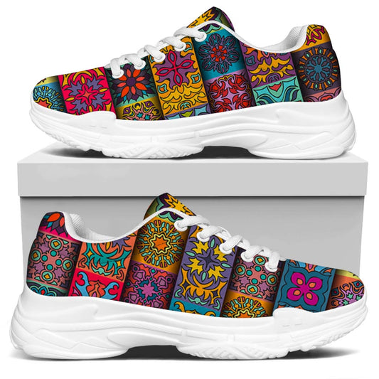 Rectangle Mandala Bohemian Pattern Print White Chunky Shoes