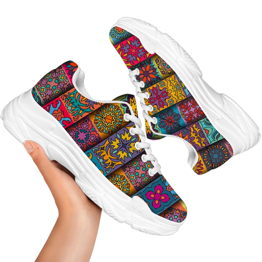 Rectangle Mandala Bohemian Pattern Print White Chunky Shoes