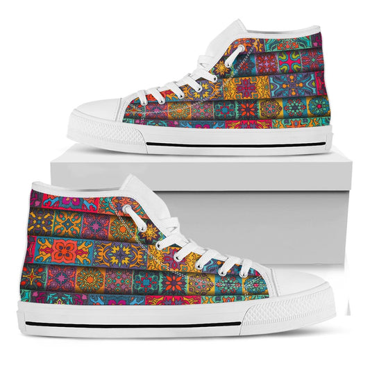Rectangle Mandala Bohemian Pattern Print White High Top Sneakers