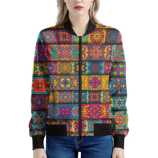 Rectangle Mandala Bohemian Pattern Print Women's Bomber Jacket