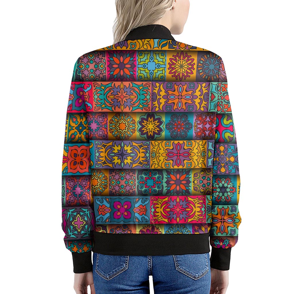 Rectangle Mandala Bohemian Pattern Print Women's Bomber Jacket