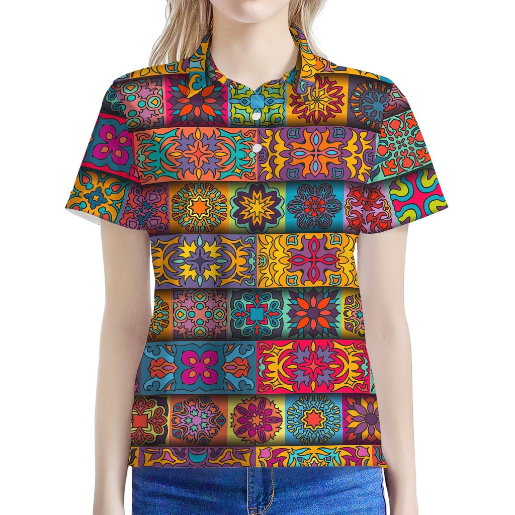 Rectangle Mandala Bohemian Pattern Print Women's Polo Shirt
