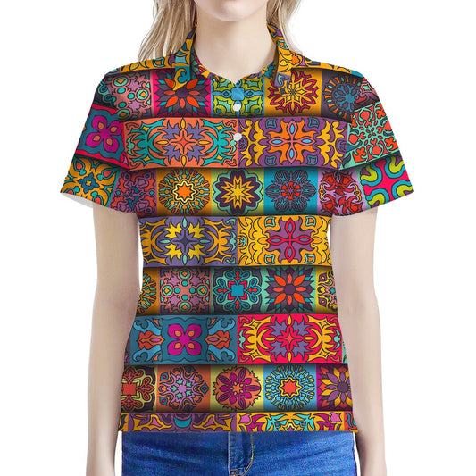Rectangle Mandala Bohemian Pattern Print Women's Polo Shirt