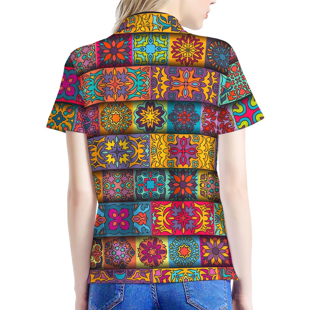 Rectangle Mandala Bohemian Pattern Print Women's Polo Shirt