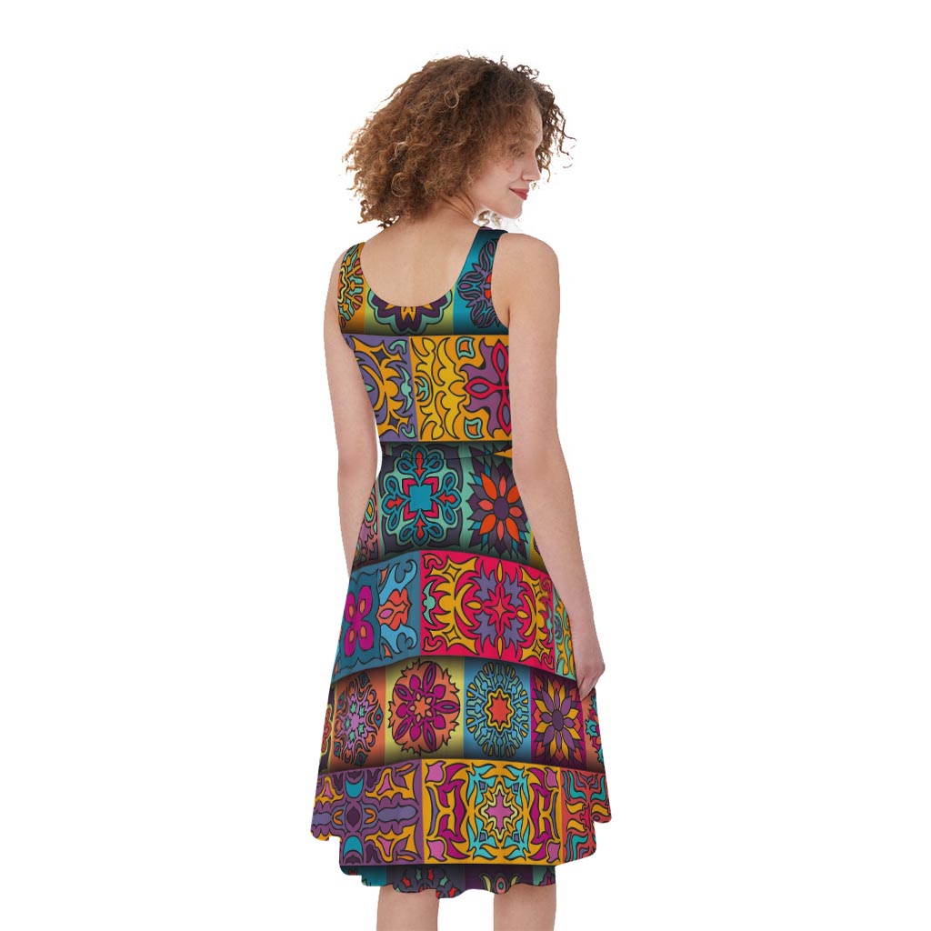Rectangle Mandala Bohemian Pattern Print Women's Sleeveless Dress