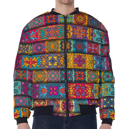 Rectangle Mandala Bohemian Pattern Print Zip Sleeve Bomber Jacket