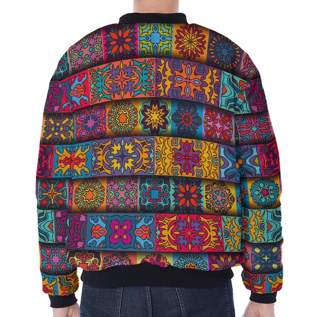 Rectangle Mandala Bohemian Pattern Print Zip Sleeve Bomber Jacket
