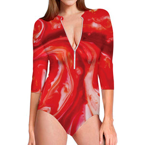 Red Acid Melt Print Long Sleeve Swimsuit